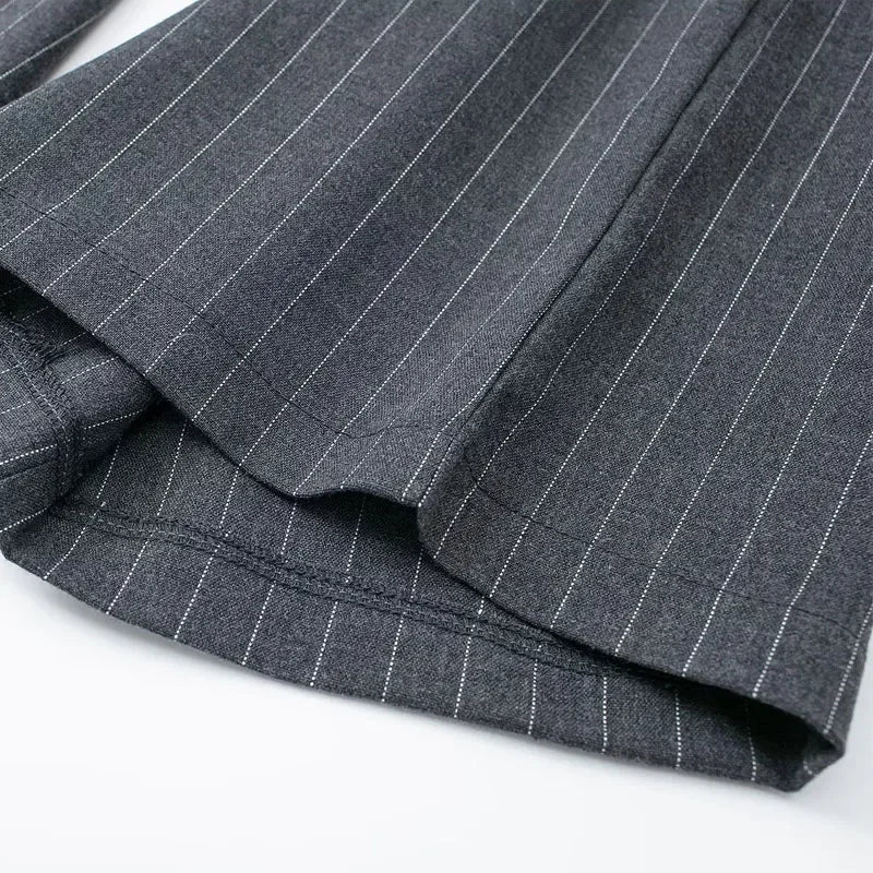 Women's Formal Pants – Office Wear, Striped Design, Grey/Black, High Waist, Baggy Fit, Suit Style, Casual Wide Leg