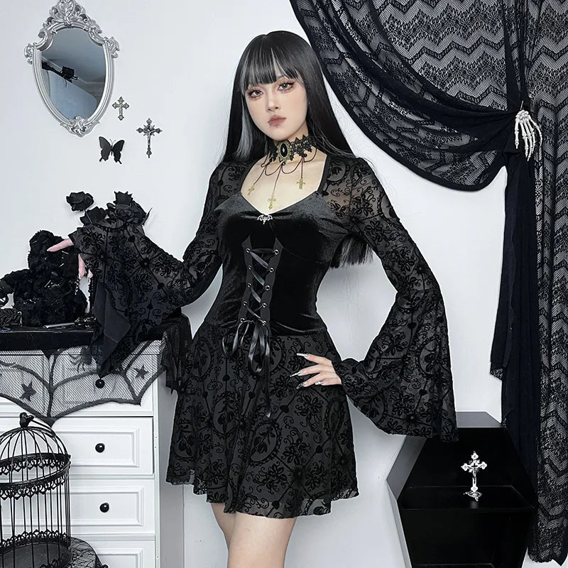 Gothic Long Sleeve Ruffle Mini Dress Women's Vintage V Neck Velvet Stretchy Bodycon Cocktail Dresses Victorian Blouse