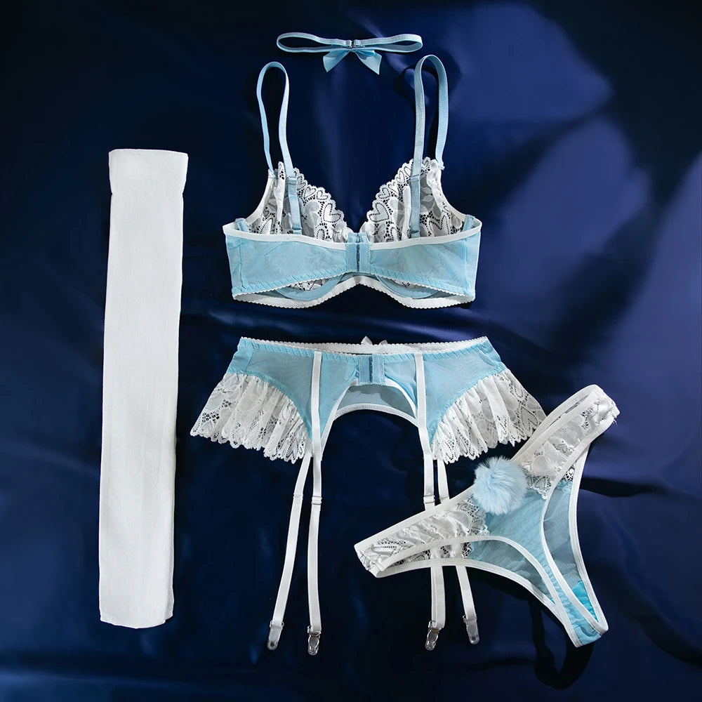 Lace Bra Set – Women's 4-Piece Lingerie Set with Stockings, Floral Bra, Panty & Garter Kit, Sexy Erotic Intimates