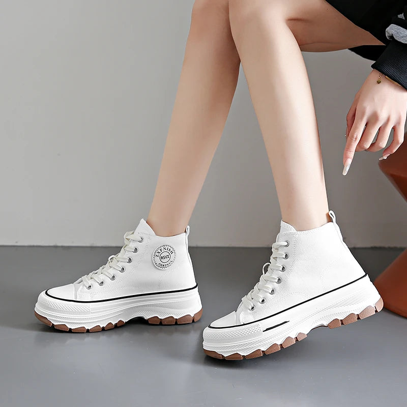 Women’s High Top Canvas Sneakers - Lace-Up, Non-slip, Wear-Resistant, Spring Platform