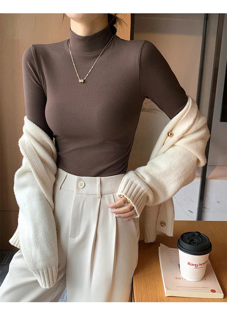 Knitted Half-Turtleneck Pullover – Elegant Korean Fashion, Long Sleeve, Women’s Sweater Jumper