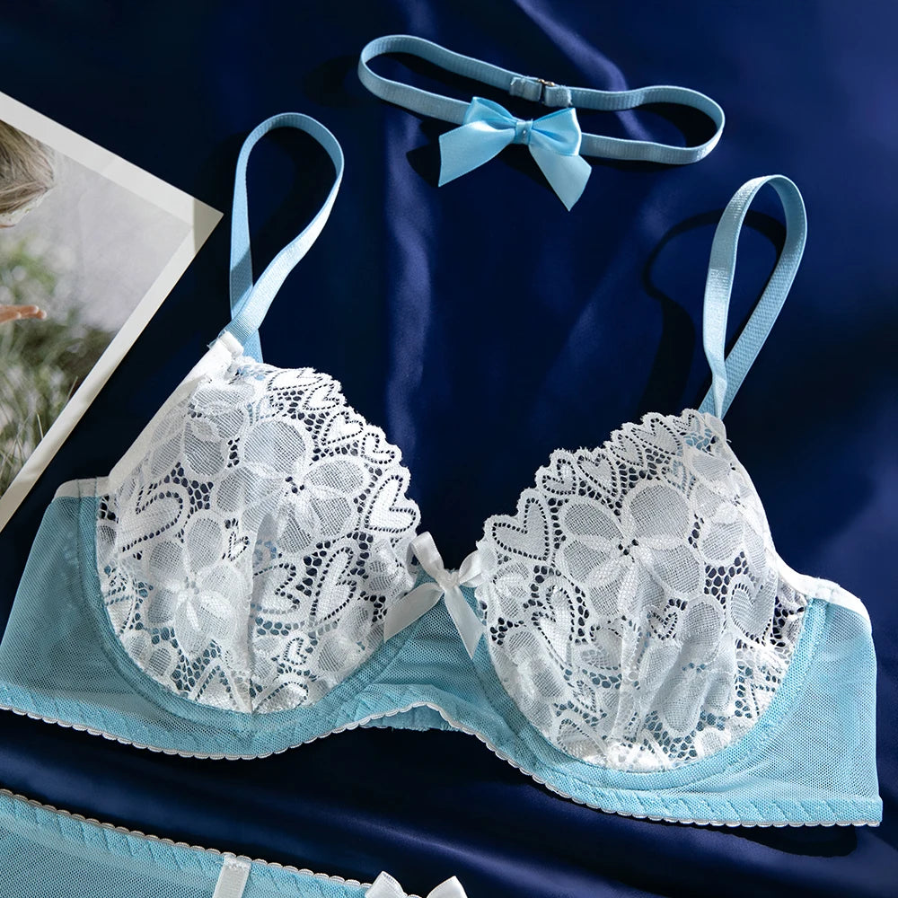 Lace Bra Set – Women's 4-Piece Lingerie Set with Stockings, Floral Bra, Panty & Garter Kit, Sexy Erotic Intimates