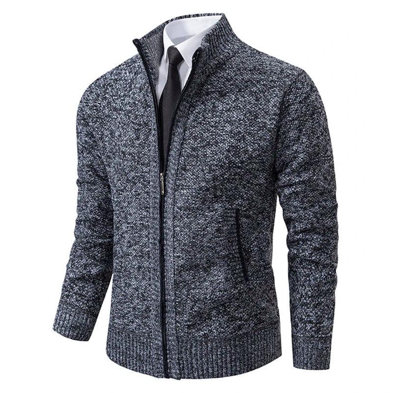 Jersey Men's Casual Sports Coat – Solid Color Stand Collar Sweater, Fleece-Lined, Warm Zipper Cardigan