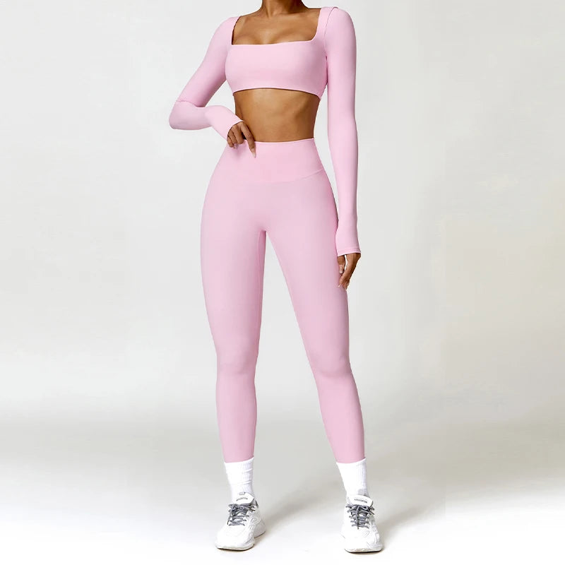 2PCS Women's Yoga & Gym Set – Quick-Dry Long Sleeve Sports Shirt & Leggings for Running & Workout