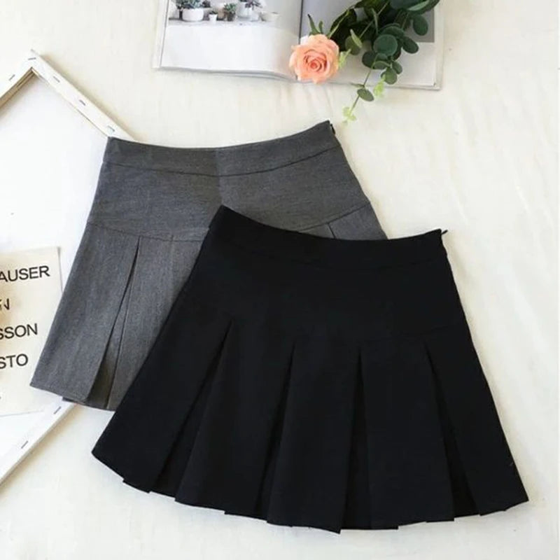Fashion A-Line Pleated Skirt – High Waist, Zipper, Grey & Black, Student JK Style, Summer Mini Suit Skirt