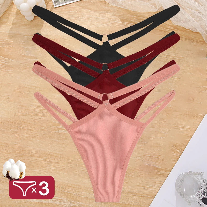 3PCS Set Women's Cotton G-String Thongs – Low Waist, Sexy, Hollow Out, Elastic, Breathable Lingerie