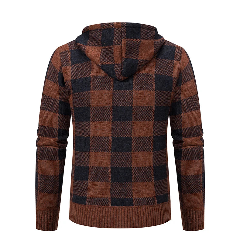 Men's Cardigan – Fashion Plus Velvet Padded Knit Jumpers, Male Sweater, Hooded Plaid Korean Luxury Brand Coat