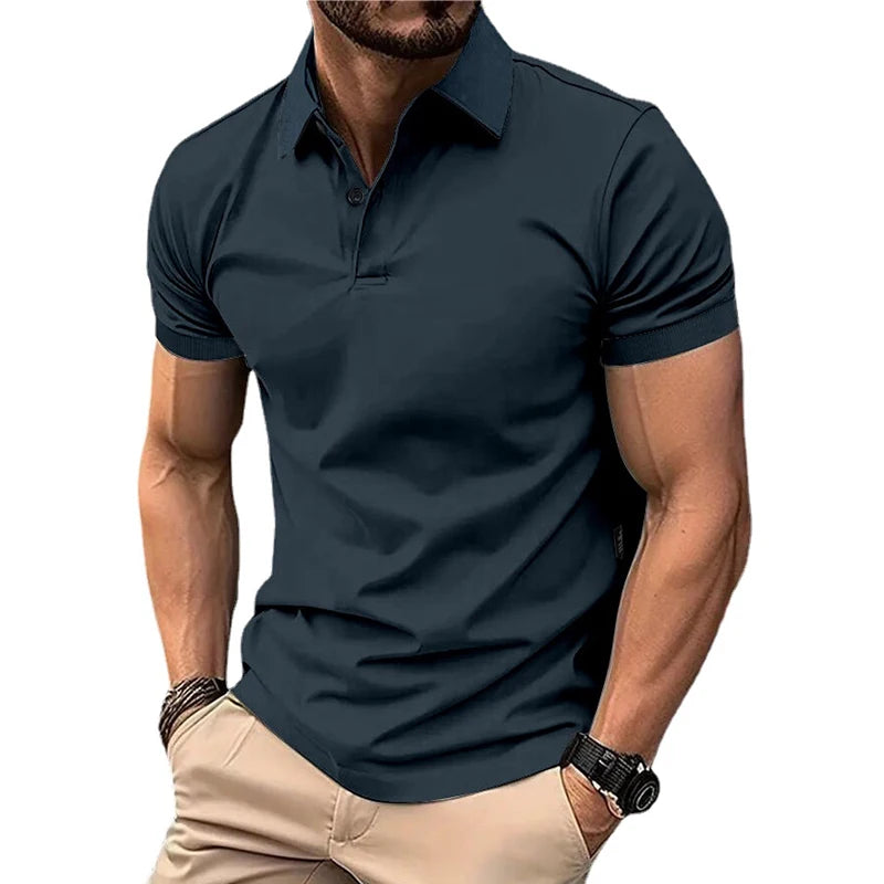 Men's Solid Color Polo Shirt – Short Sleeve Lapel Button T-shirts, Casual Streetwear, Lightweight Jogging Tops