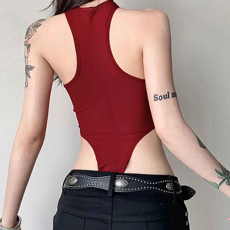 Red See-Through Mesh Bodysuit – Sexy Lingerie, Neck-Mounted, Y2K Festival Outfit