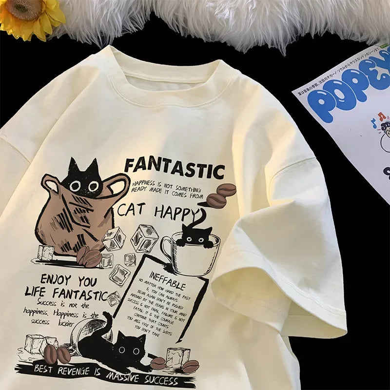 Oversized Cartoon Cat T-Shirt – Unisex Korean Style, Casual Short Sleeve Couple Tee