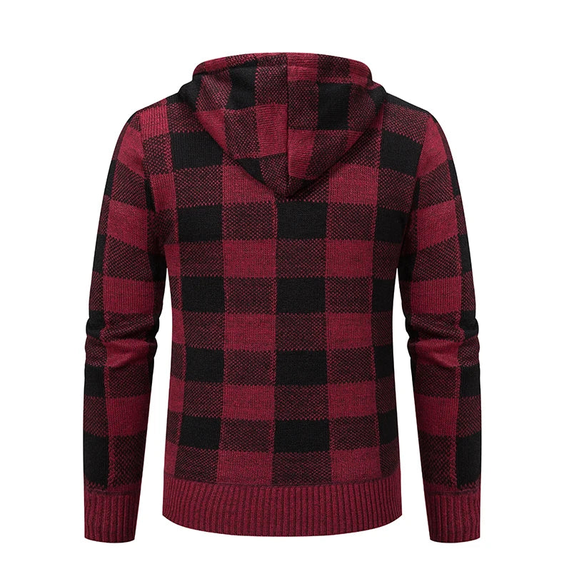 Men's Cardigan – Fashion Plus Velvet Padded Knit Jumpers, Male Sweater, Hooded Plaid Korean Luxury Brand Coat