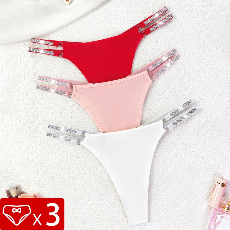 3PCS Women's Sexy Thongs – Low Rise Panties, Double Shiny Belts, Solid Color, Hollow Out, Comfortable Underwear