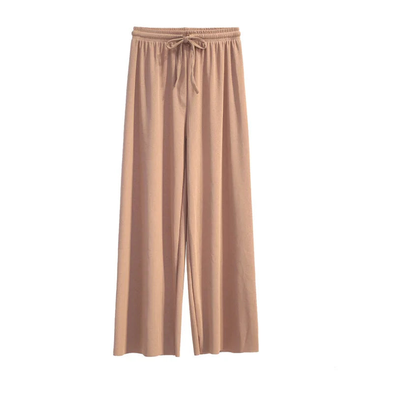 Women Ankle-Length Wide Leg Pants – Casual, Summer, Solid Color, Elastic Waist, Loose Fit, Ice Silk, Spring/Summer