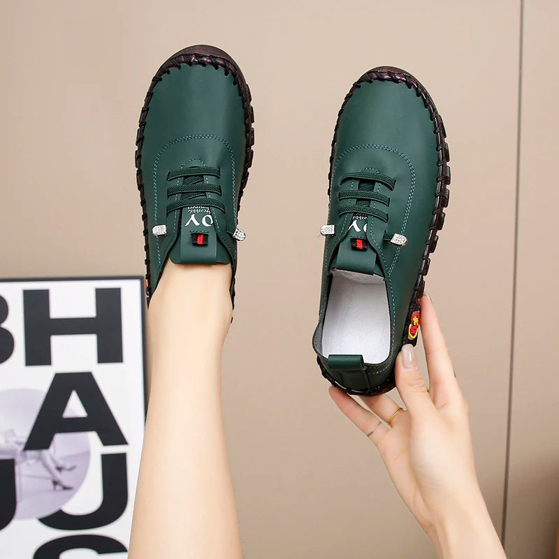 Lace-Up Leather Loafers - Flat Casual Shoes for Women, New Spring Collection, Outdoor Travel and Walking Sneakers