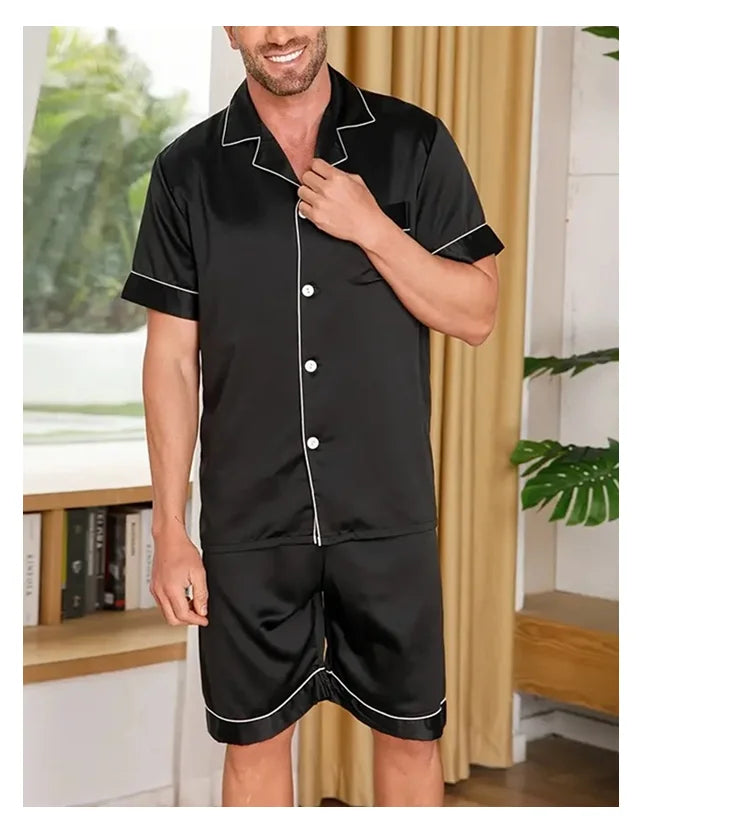Men's Summer Pajamas Set – Short Sleeve, Button-Down Shirt with Pocket, Matching Shorts, Comfortable Loungewear Sleepwear