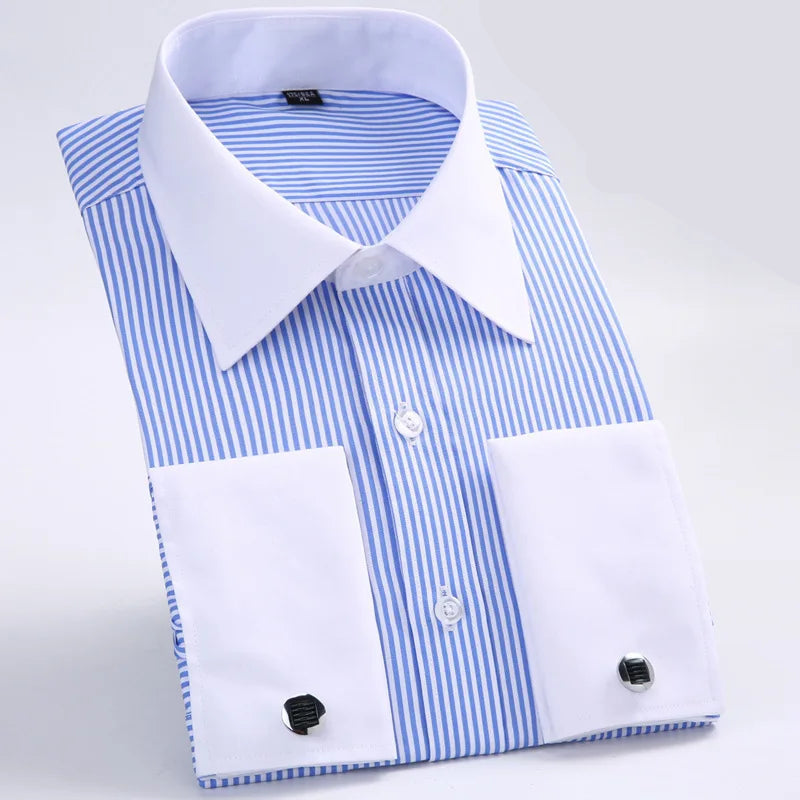 Men's French Cuff Formal Shirt – New White Long-Sleeved Business Button Shirt, Regular Fit With Cuff Buttons