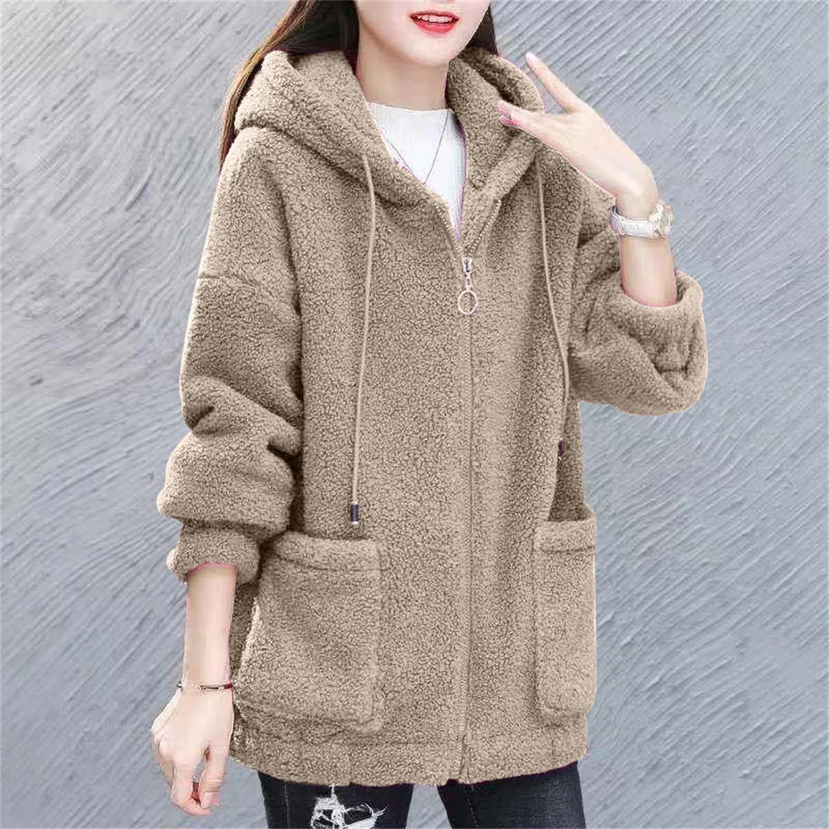 Women's Fleece Hooded Sweater – Solid Color, Lamb Cashmere, Cardigan Jacket, Plush, Autumn Winter Casual Coat