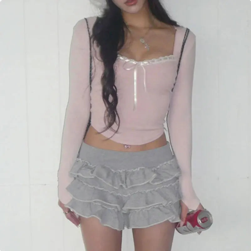 Cute Bandage Bow Cropped Top – Pink Coquette Y2K Square Collar Tee for Spring & Fall