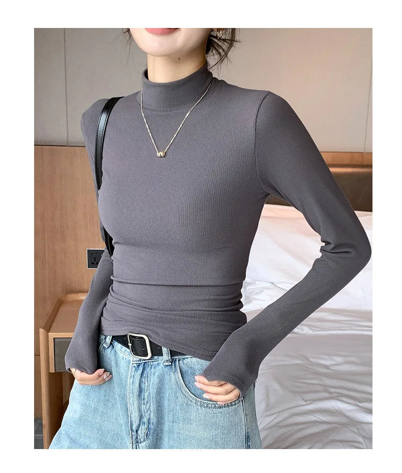 Knitted Half-Turtleneck Pullover – Elegant Korean Fashion, Long Sleeve, Women’s Sweater Jumper