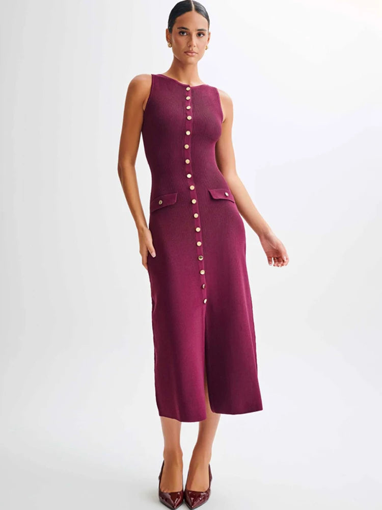 Knit Ribbed Cardigan Maxi Dress – High Waist, Slim Fit, Pocket Design, Sleeveless, Elegant, Party Dress, Women's Knitwear, Long Dress