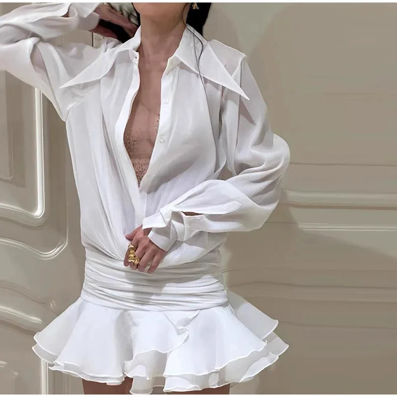 Elegant Ruffle Bow Mini Dress – Lace-Up, Solid Mesh, Full Sleeves, Backless, Pleated Prom Dress, 2025 Party Outfit