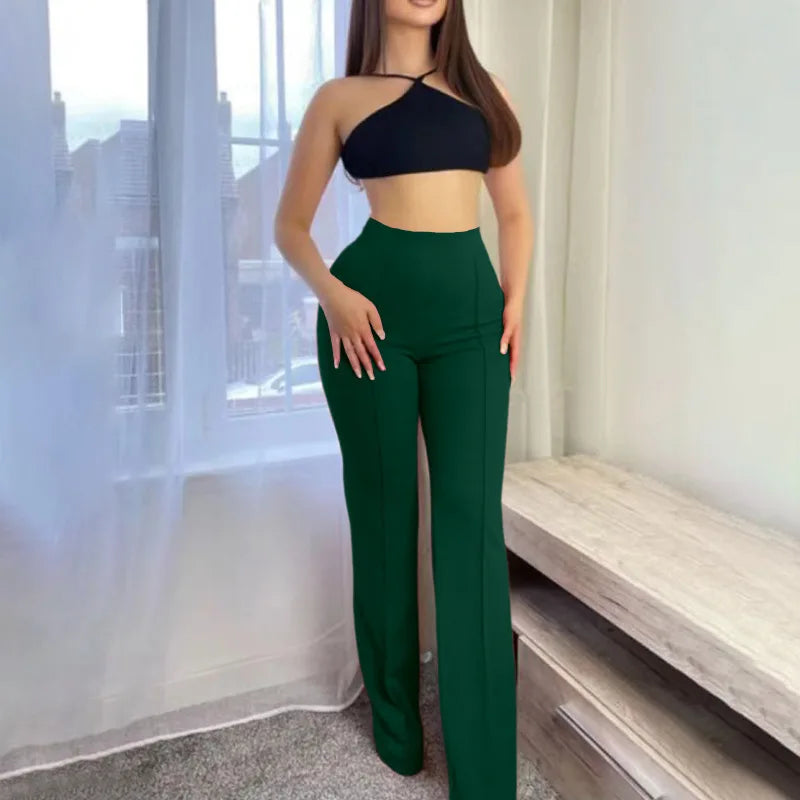 Women's Slim Bell-Bottoms Trousers – Trendy, Spring Autumn, Office Lady, Solid Color, Flared Design