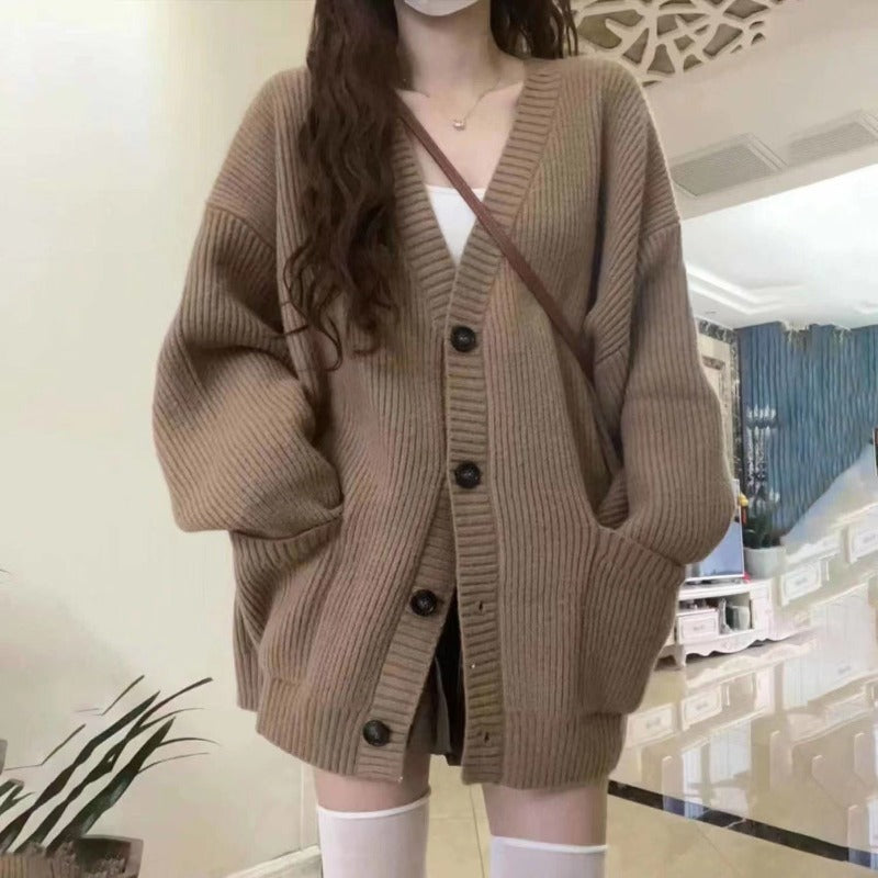 Women's Knitted Cardigan – V-Neck, Loose Fit, Long Sleeve, Casual Autumn Winter Jacket