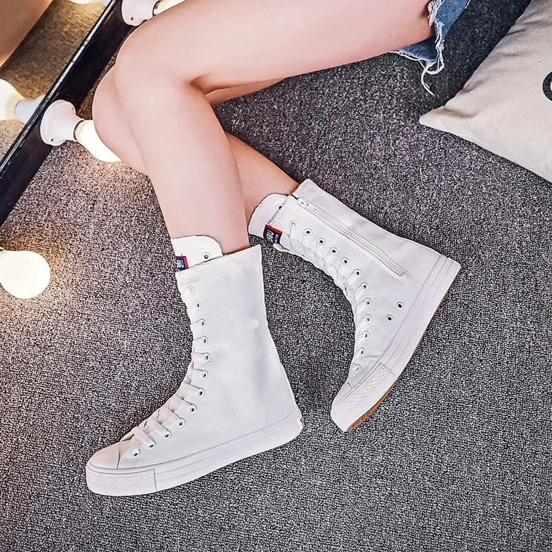 Women's Canvas Long Boots – High-Top, Lace-Up Knee-High Flats, Casual Vulcanized Sneakers