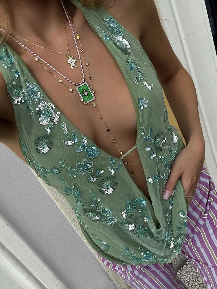 Sexy Deep V-Neck Beach Tank Top – Summer, Sequins Patchwork, Sleeveless, Vest, Vacation Outfit, Backless, Hot Girls Fashion