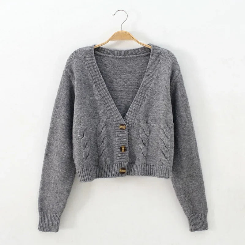V-Neck Cropped Cardigan – Twist Knitted, Long Sleeve, Warm Autumn Winter Korean Jacket