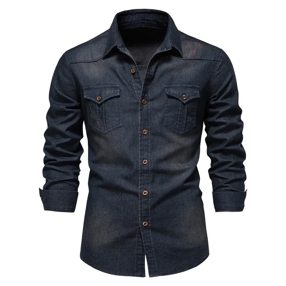 Elastic Cotton Denim Shirt – Long Sleeve, High-Quality Cowboy Shirt for Men, Casual Slim Fit, Designer Menswear