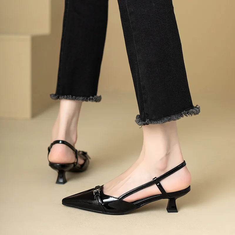 Pointed Patent Leather Sandals - Mid-Heel Overhead Retro Skinny Heel Backless Shoes for Women