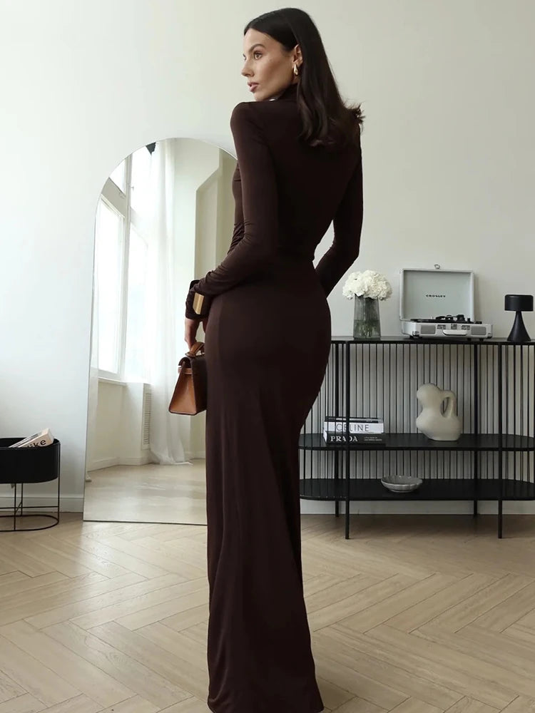 Turtleneck Thigh-High Split Maxi Dress – Sexy Long Sleeve Draped Bandage Bodycon Club Dress for Women