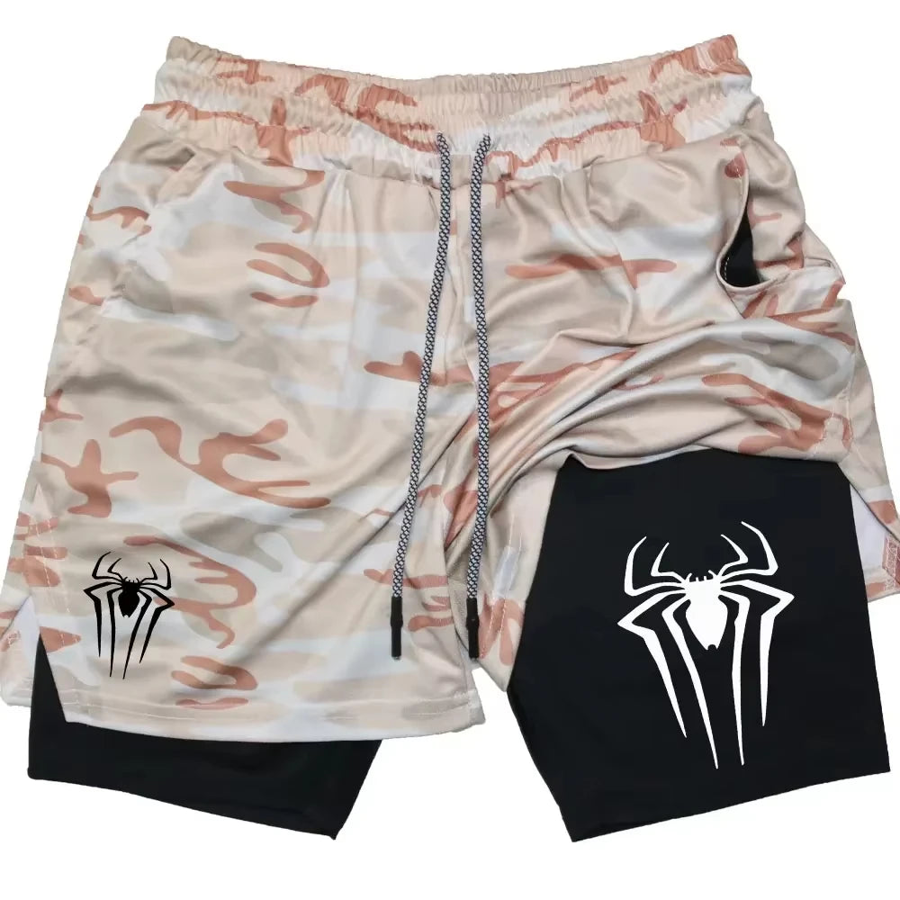 Y2K Performance Shorts Men – Spider Printed, Gym Casual Sports, Compression Shorts, Workout, Running, Mesh 2-in-1 Sport Shorts