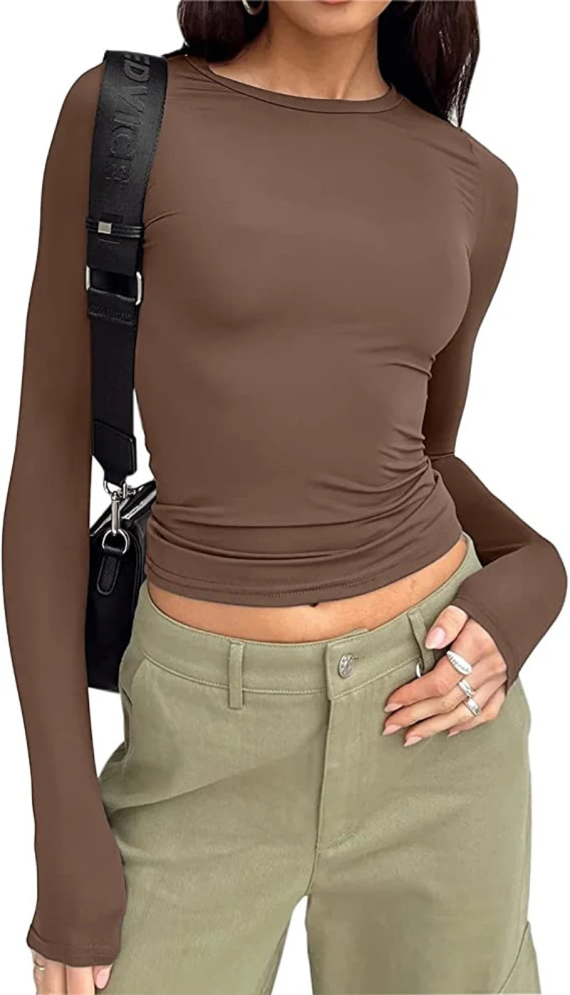 Women's Long Sleeve T-Shirt – Slim Fit, Solid Color Pullover, Basic Y2K Streetwear for Spring & Autumn