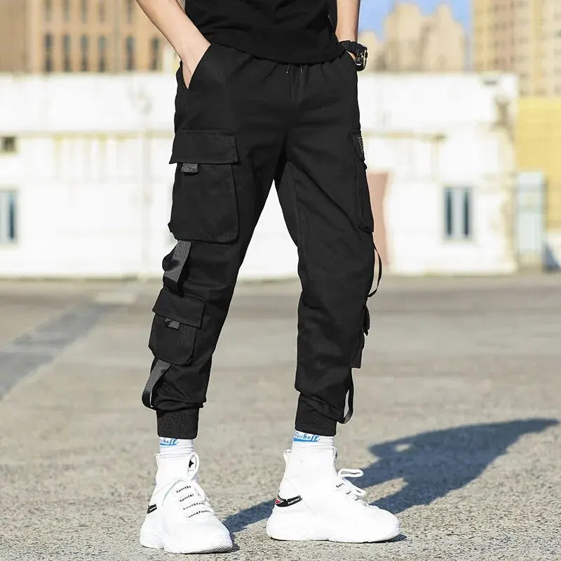 New Men's Korean Fashion Work Pants – Multi-Pocket, Loose Fit, Nine-Minute Length, Drawstring Leg, Casual Daily Sweatpants for Spring and Autumn
