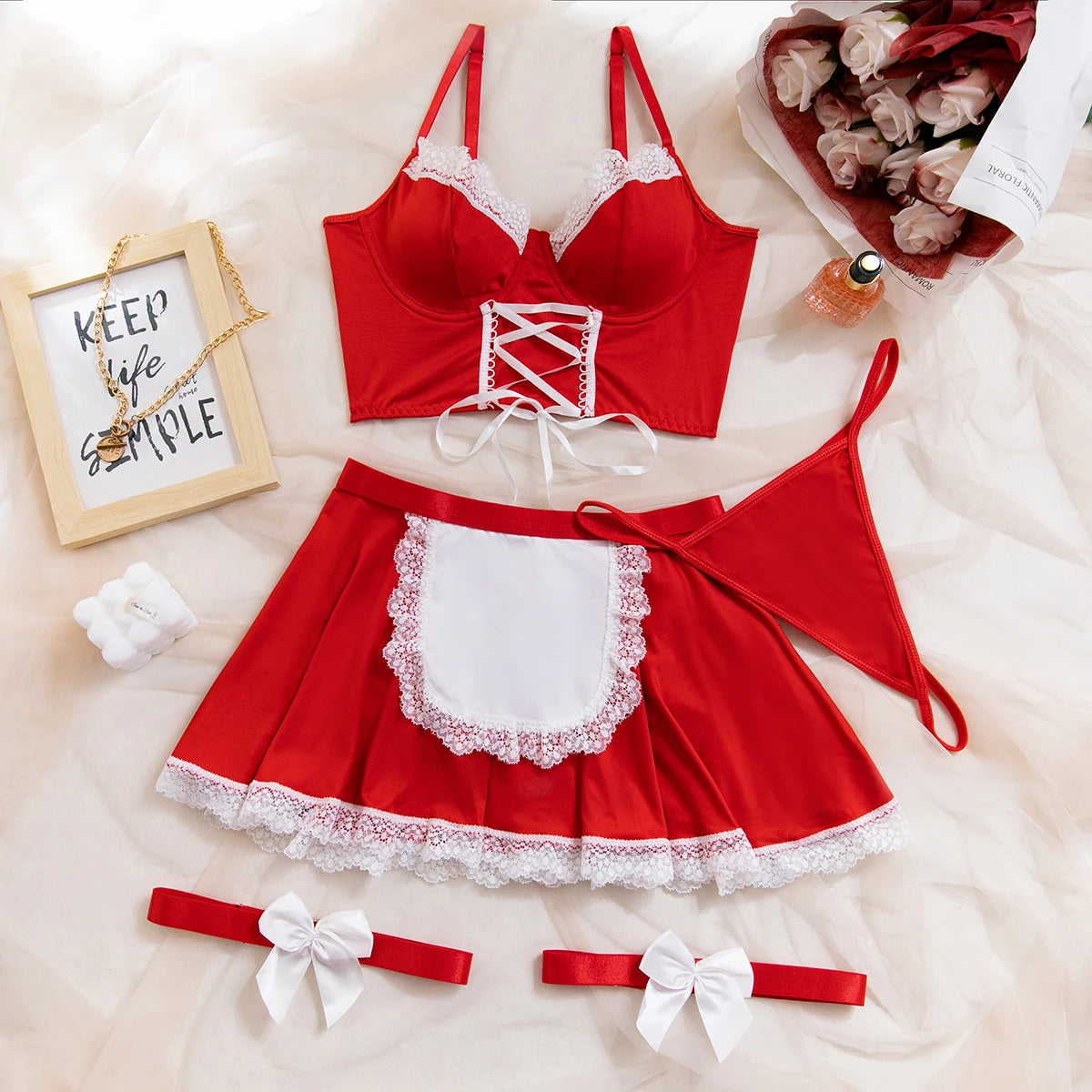 Maid Cosplay Lingerie Set – 5-Piece Sexy Lace Apron Uniform with Bow & Bandage Details