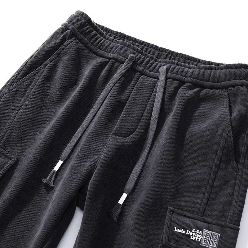 Men's Corduroy Harem Cargo Pants – Spring Autumn Streetwear, Army Green/Gray/Black, Elastic Waist Casual Joggers Sweatpants