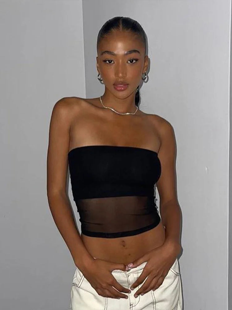 Mesh Corset Black Crop Top – Patchwork Design, Tube Top, Sexy, Sleeveless, Off-Shoulder, Cami Style, Summer Streetwear, Slim Fit, Strapless Tank