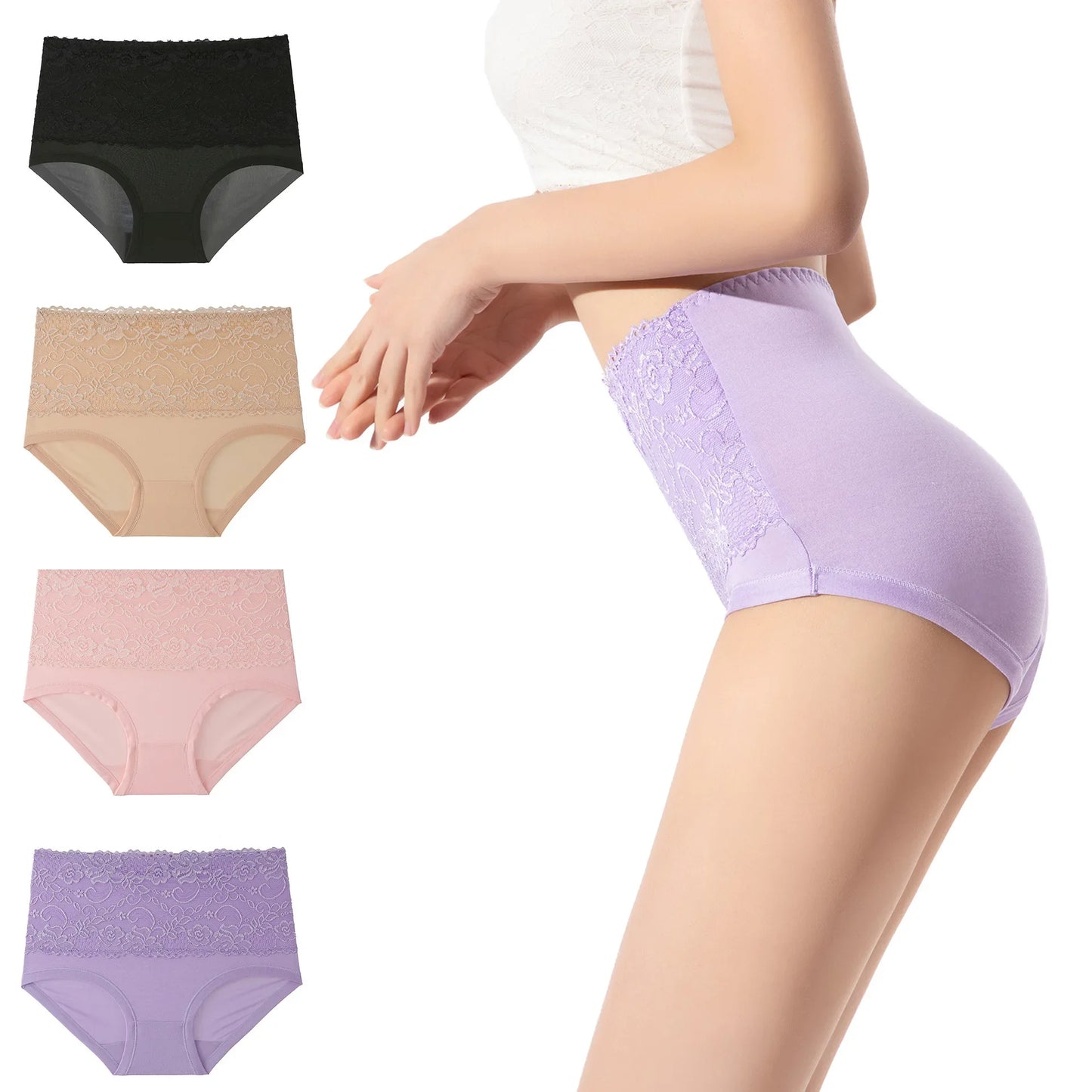3PCS High Waist Women's Panties – Large Size, Breathable Cow Milk Silk, Lace Briefs, Sexy Female Lingerie