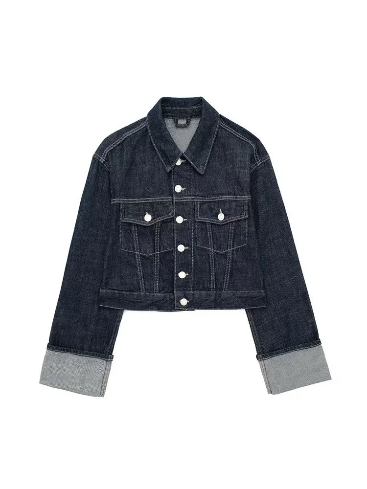 Women's Vintage Denim Jacket – Blue, Single-Breasted, Lapel Neck, Long Sleeve, Chic Fashion