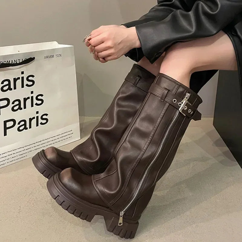 Winter Women Biker Boots – Fashion Belt Buckle, Elegant Platform Knee-High Booties for Ladies