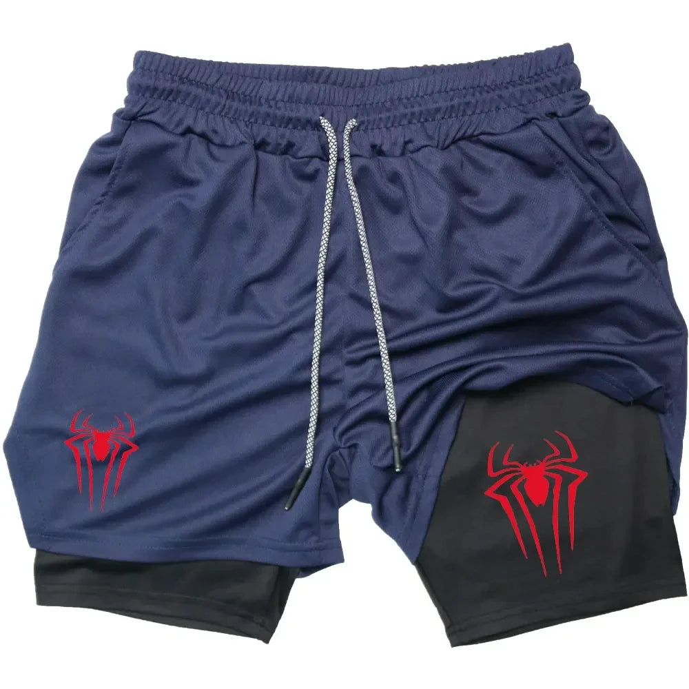 Y2K Performance Shorts Men – Spider Printed, Gym Casual Sports, Compression Shorts, Workout, Running, Mesh 2-in-1 Sport Shorts
