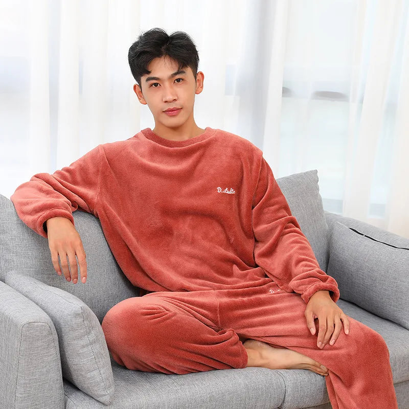 Men's Coral Velvet Pajamas – Thickened, Warm, Long Sleeve & Trousers, Solid Color, Soft Sleepwear, Autumn Winter 2PCS Set