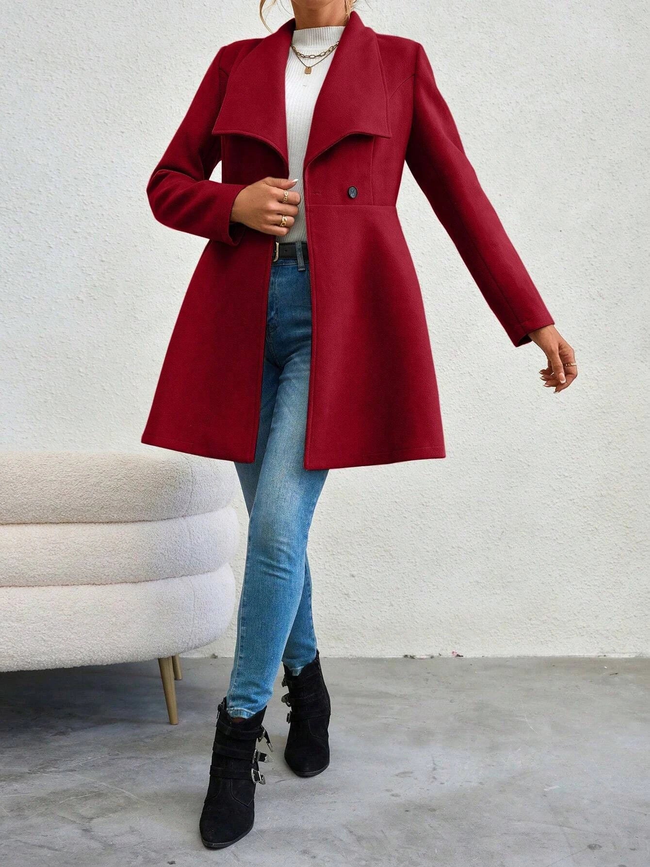 Women's Winter Coat – Solid Color, Long Sleeve, Lapel, Button-Up Workwear