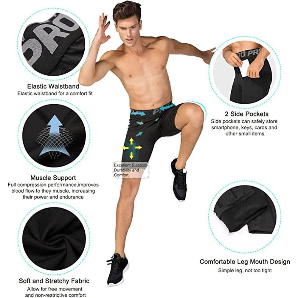 Men's Gym Shorts with Pockets – Workout Compression Leggings, Polyester Boxer Briefs, Running, Basketball, Athletic Tights