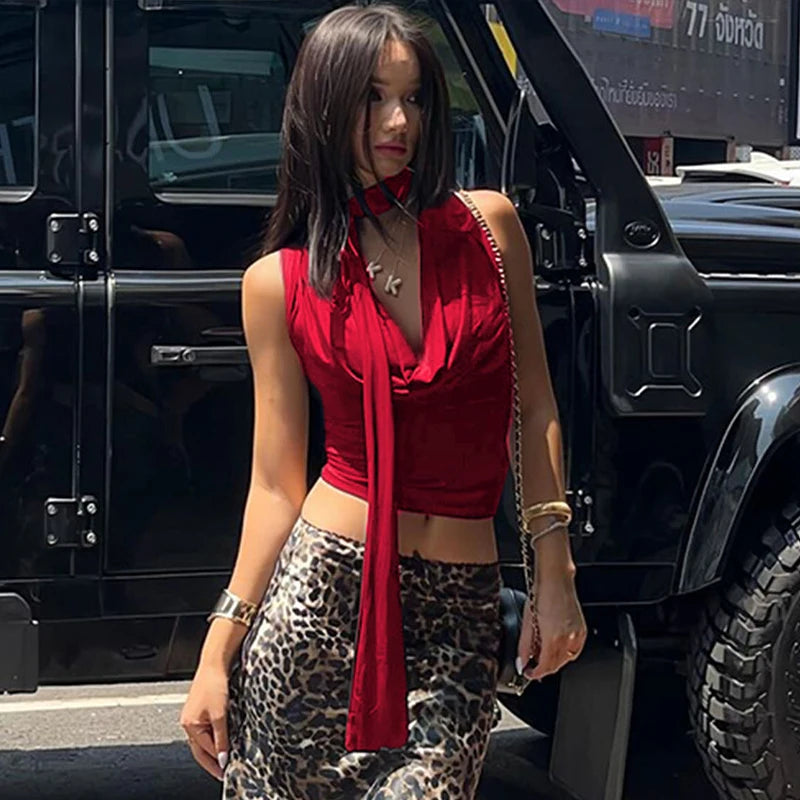 Tank Top – Solid Color, Sexy, Sleeveless, V-Neck, Fashionable, Bandage Detail, Streetwear, Casual, Slim Fit, Elegant, Knitted