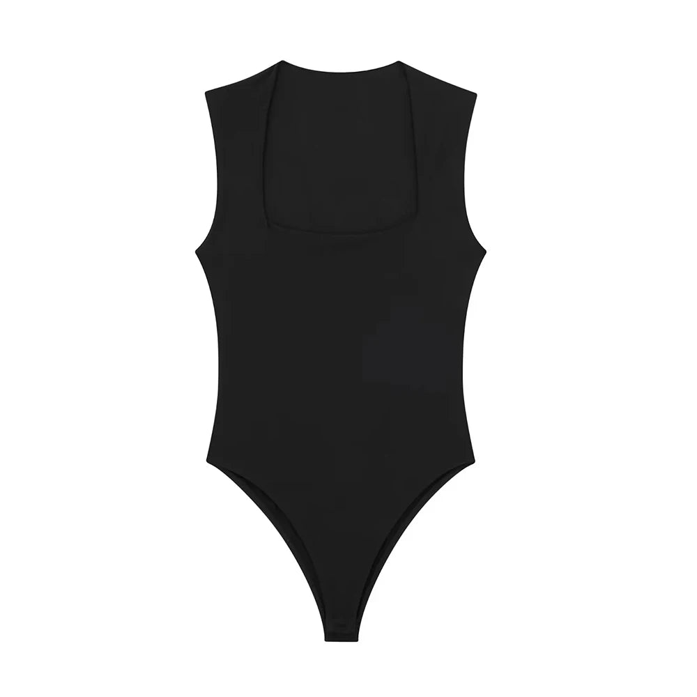 Skinny Bodysuit for Women – Sexy Fashion, Square Neck, Sleeveless, Snap-Button Playsuit