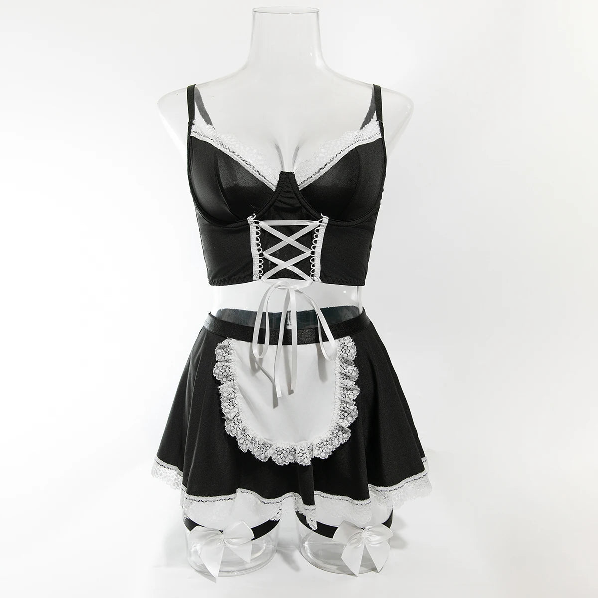 Maid Cosplay Lingerie Set – 5-Piece Sexy Lace Apron Uniform with Bow & Bandage Details