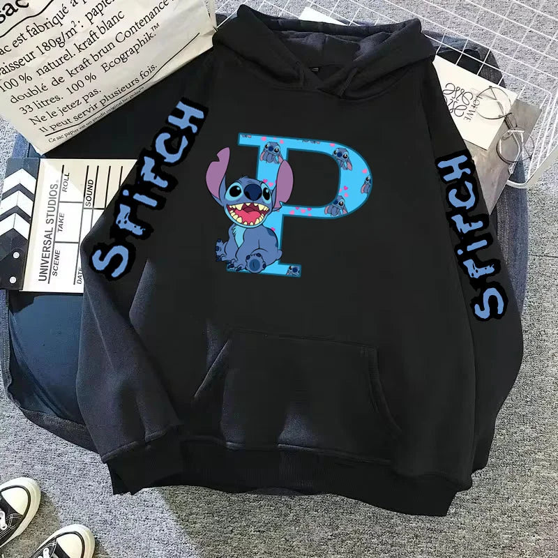 Women's Winter Disney Hoodie – Cute Kawaii Lilo & Stitch, Lucky Letter Print, Black, Fashion Couple Streetwear (Big Size)